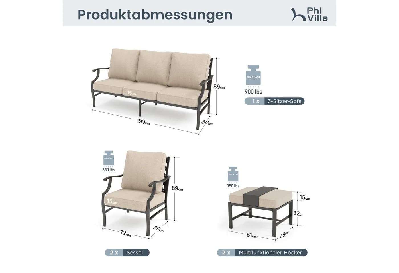 PHI VILLA Gartenlounge-Set 7-Sitzer Beige Metall