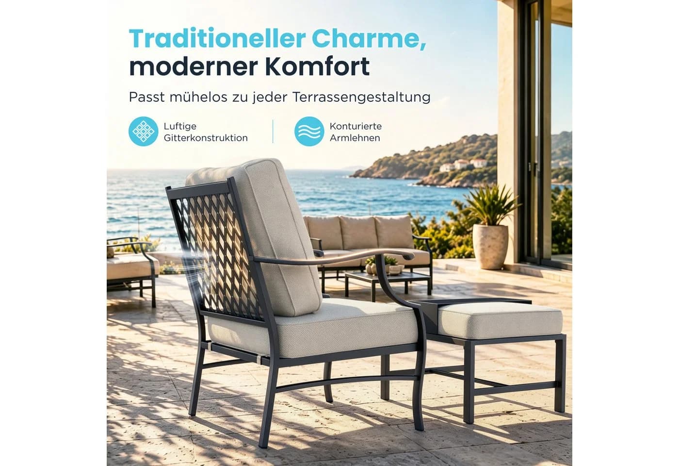 PHI VILLA Gartenlounge-Set 7-Sitzer Beige Metall - Bild 3