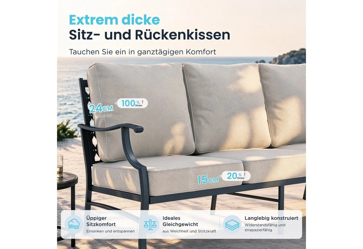 PHI VILLA Gartenlounge-Set 7-Sitzer Beige Metall - Bild 4