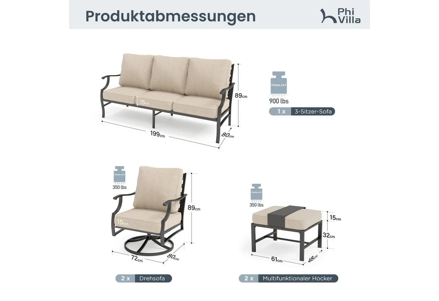 PHI VILLA Gartenlounge-Set 7-tlg. Beige Metallrahmen mit Kissen