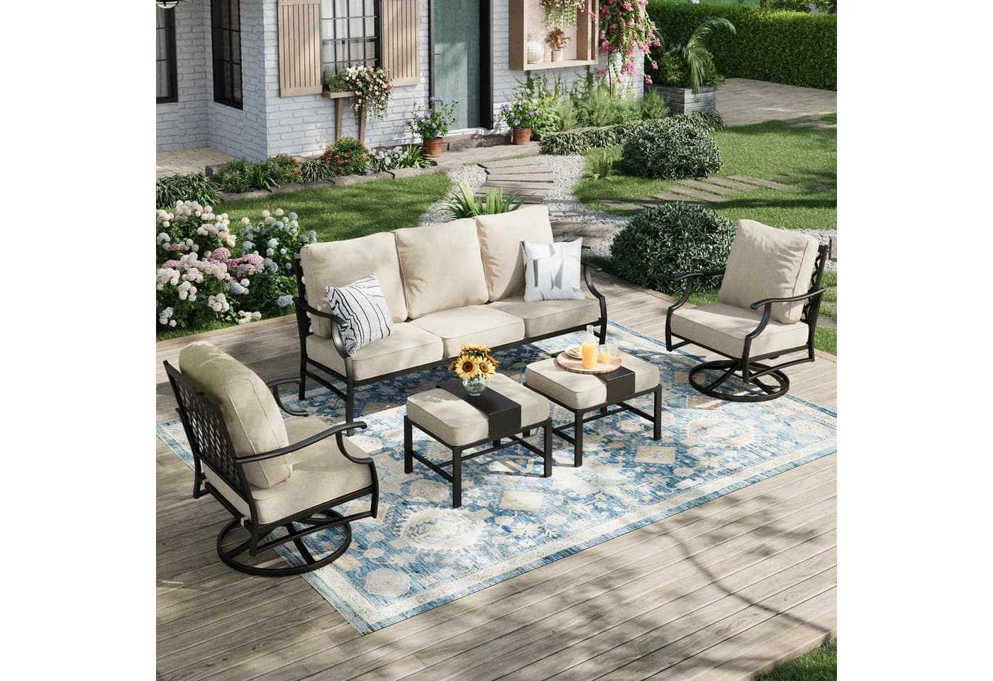 PHI VILLA Gartenlounge-Set 7-tlg. Beige Metallrahmen mit Kissen - Bild 2