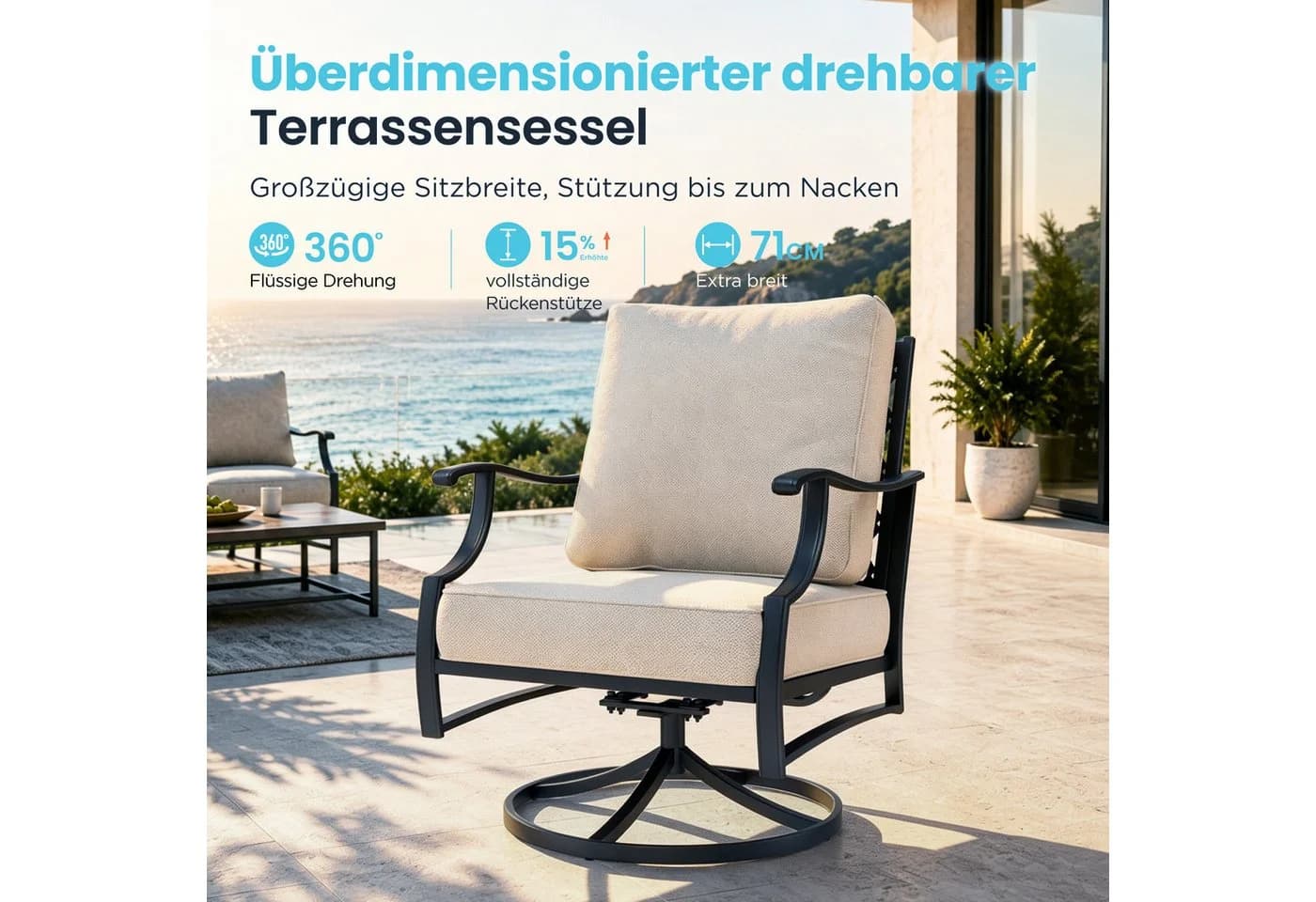 PHI VILLA Gartenlounge-Set 7-tlg. Beige Metallrahmen mit Kissen - Bild 3