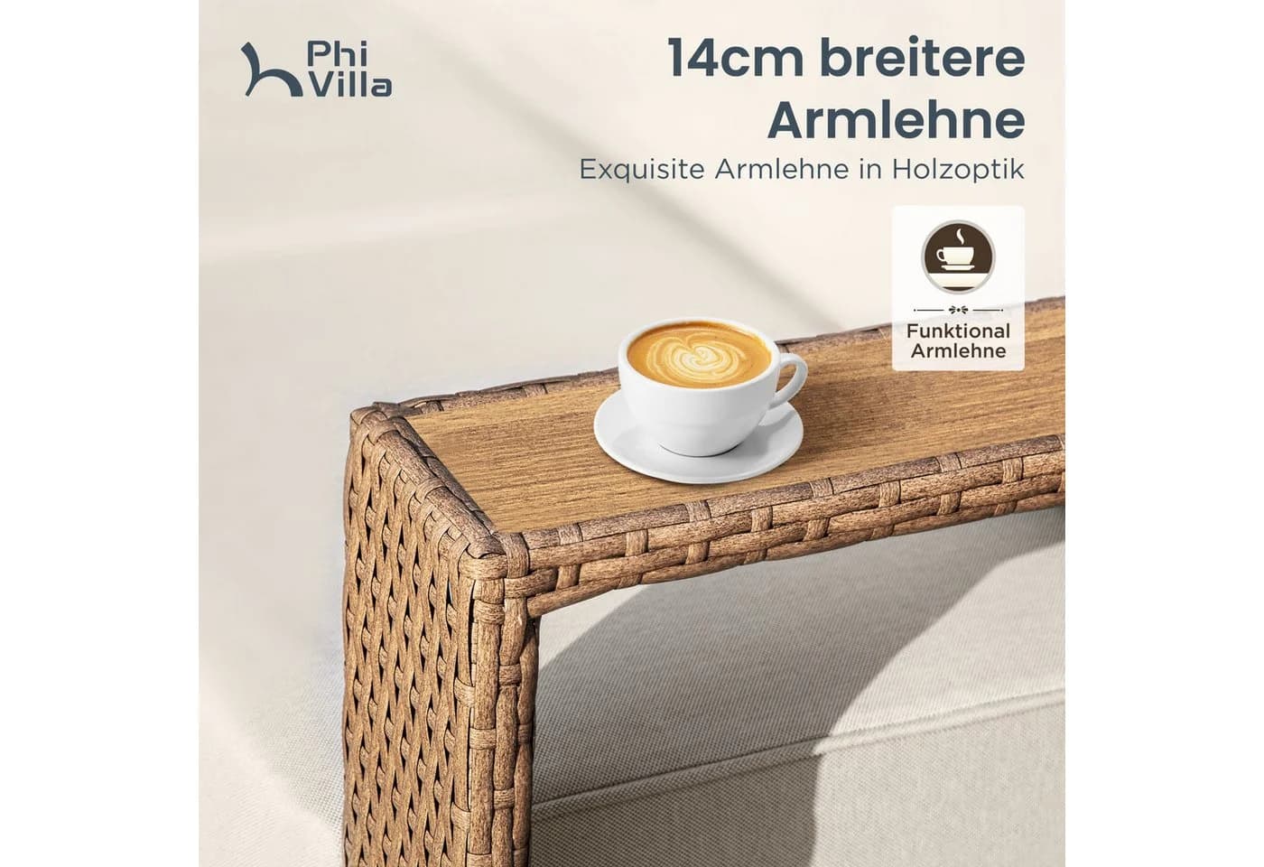 PHI VILLA Gartenlounge-Set Beige PE Rattan mit weißen Kissen