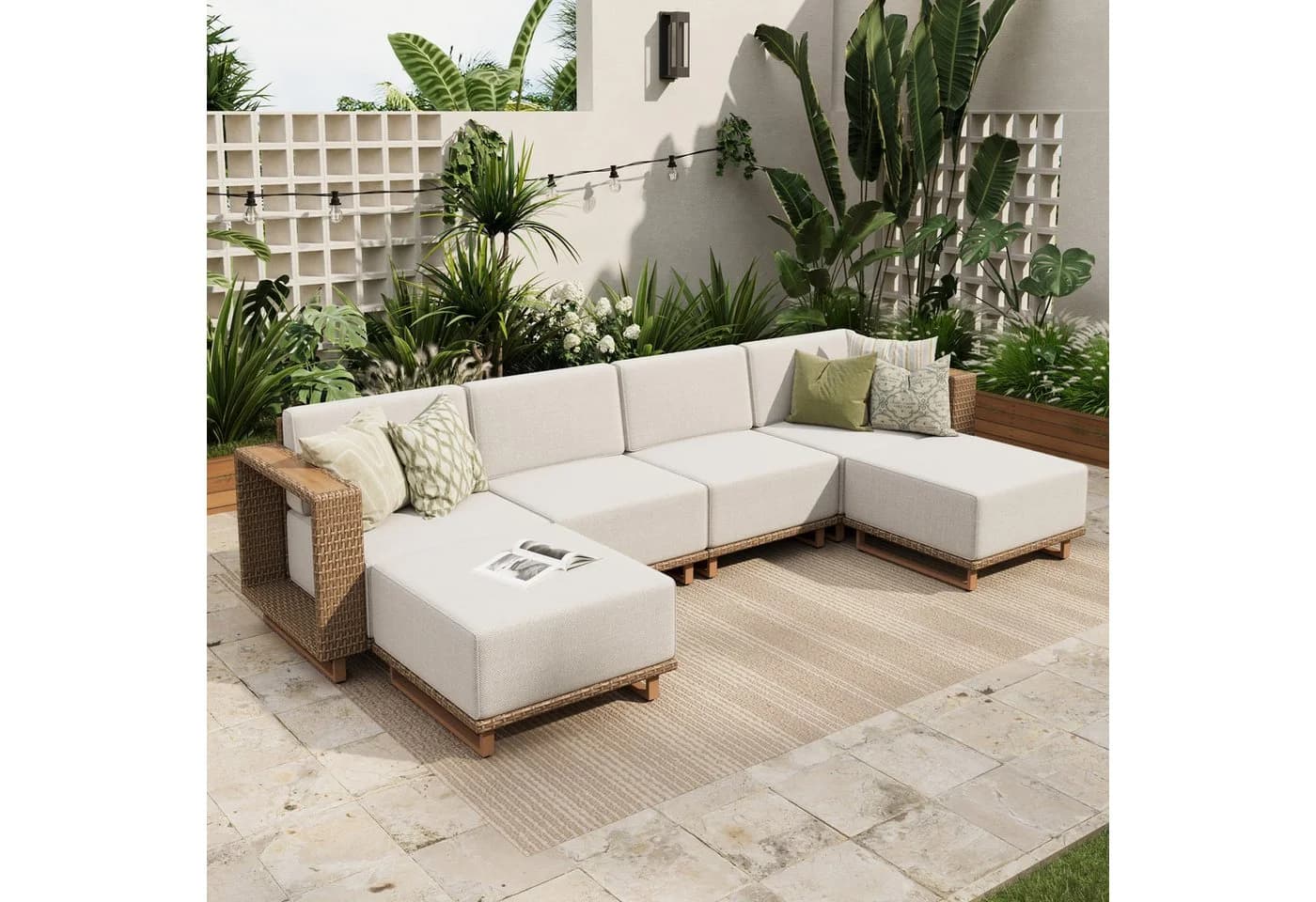 PHI VILLA Gartenlounge-Set Beige PE Rattan mit weißen Kissen - Bild 2