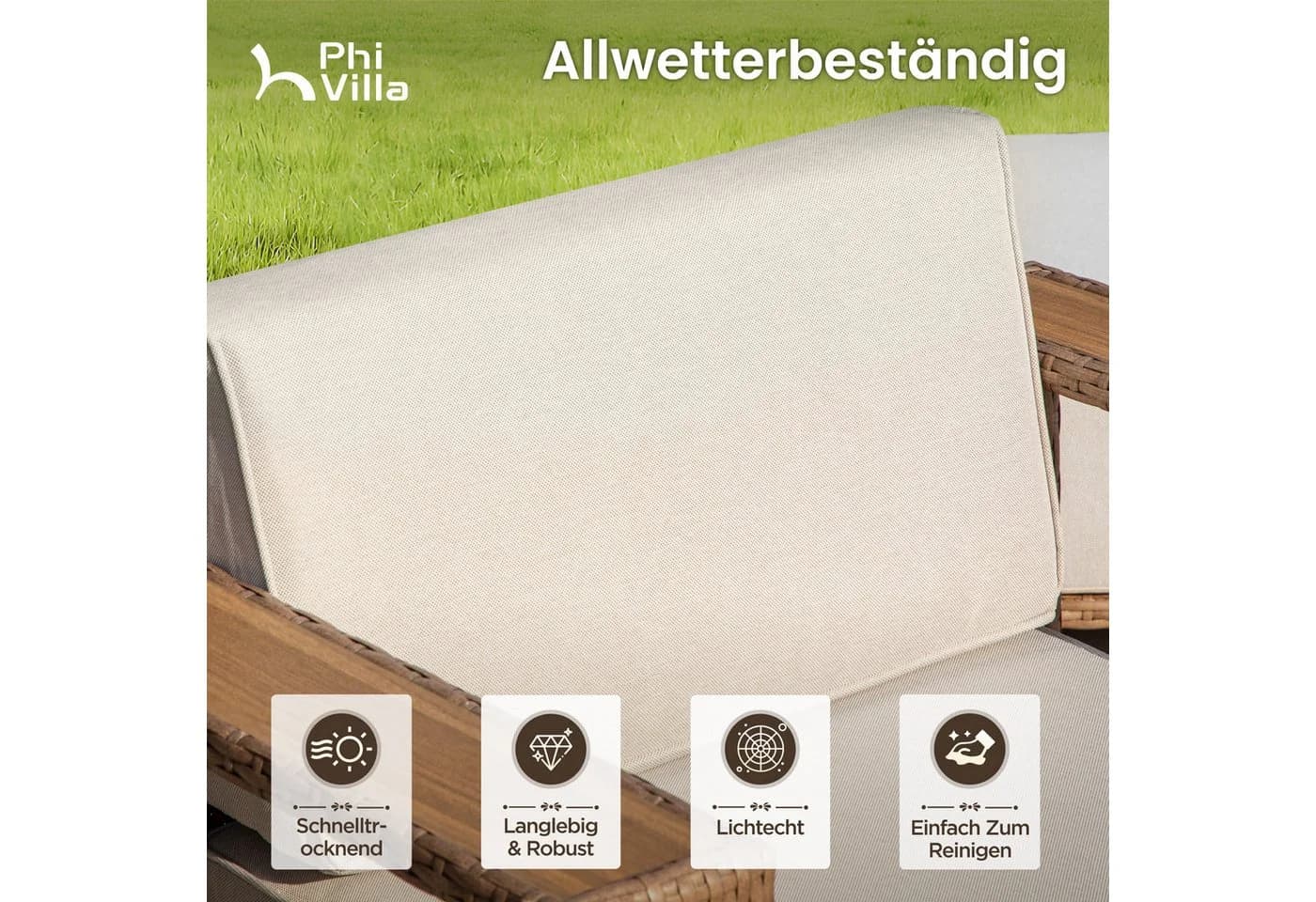 PHI VILLA Gartenlounge-Set Beige PE Rattan mit weißen Kissen - Bild 4