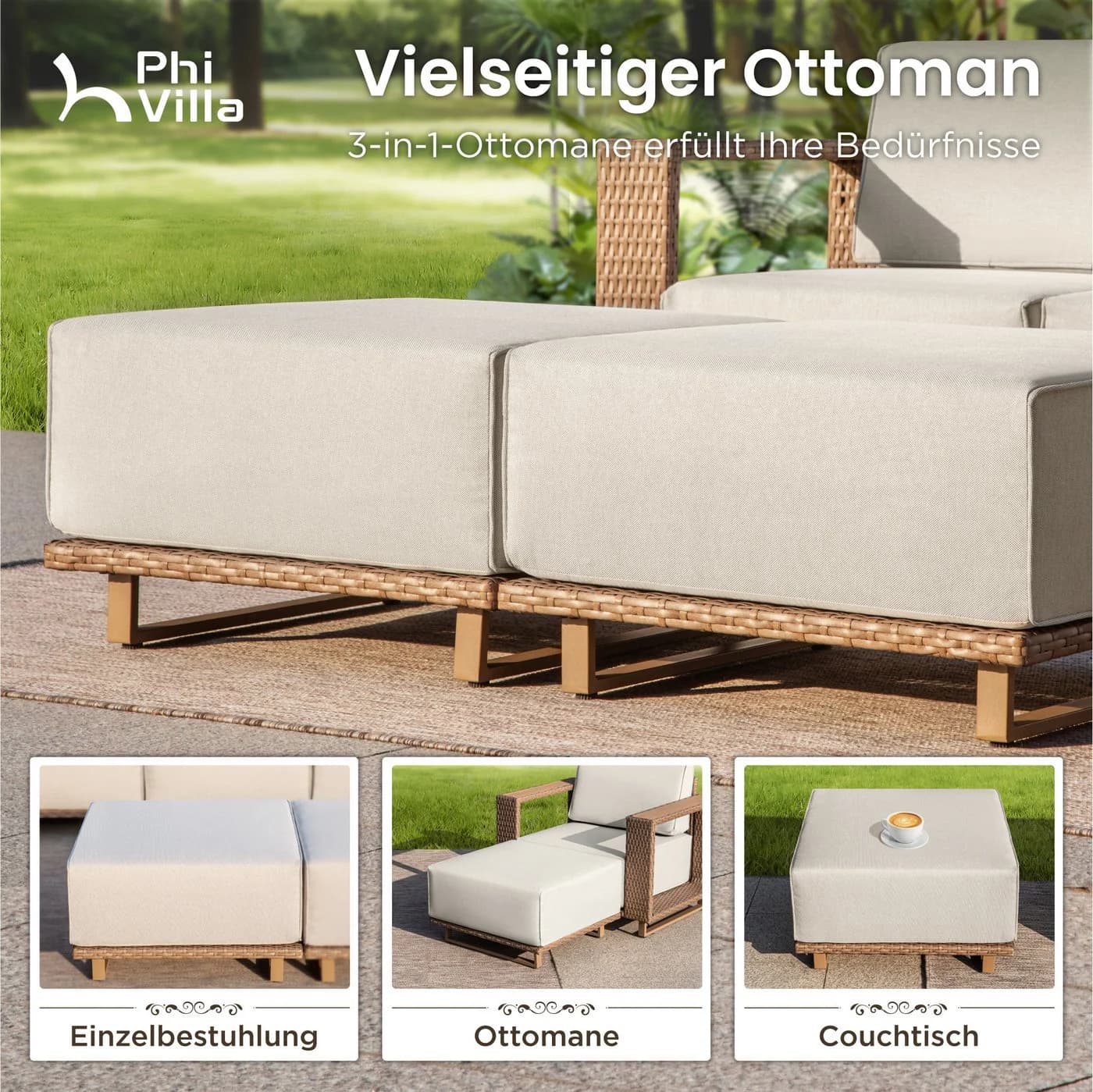 PHI VILLA Gartenlounge-Set Beige mit weißen Kissen PE Rattan - Bild 5