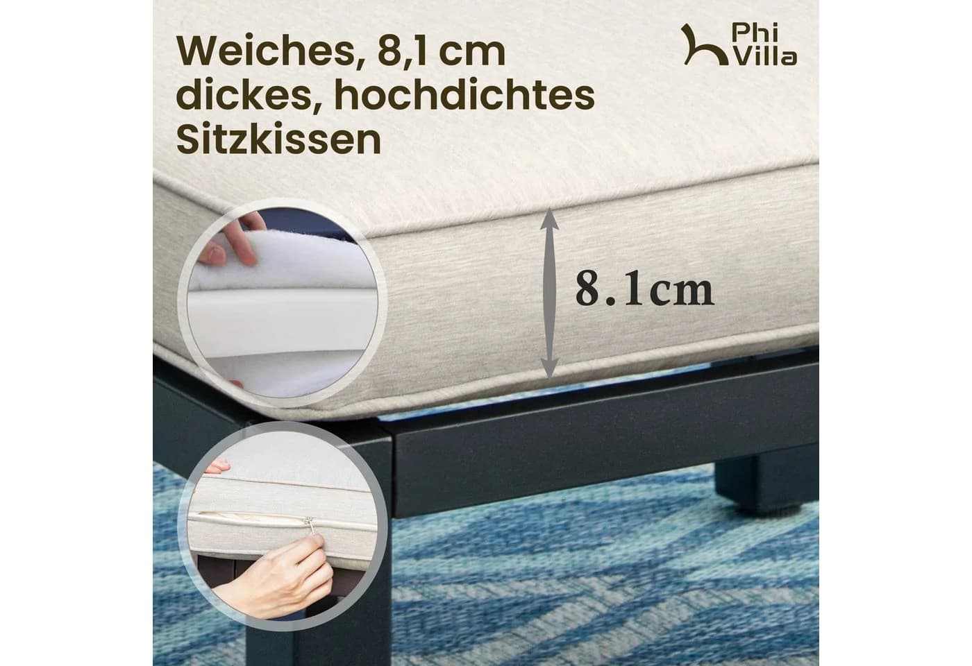 PHI VILLA Gartenlounge-Set Beige Metall mit Kissen - Bild 4