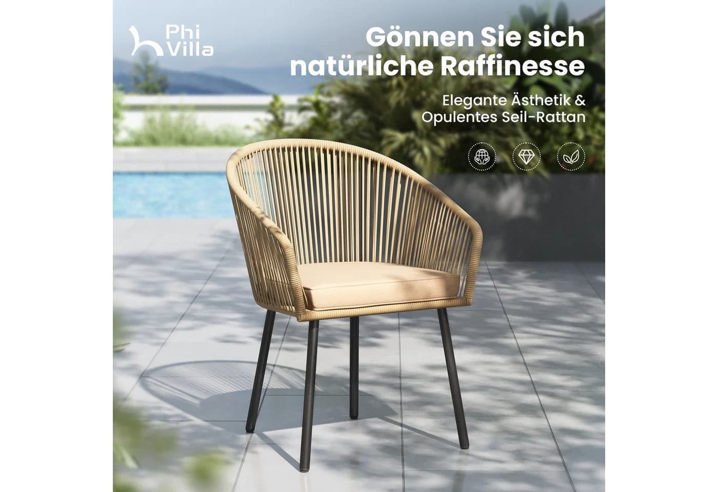 PHI VILLA Gartenstuhl 4er Set Beige Rattansessel Outdoor