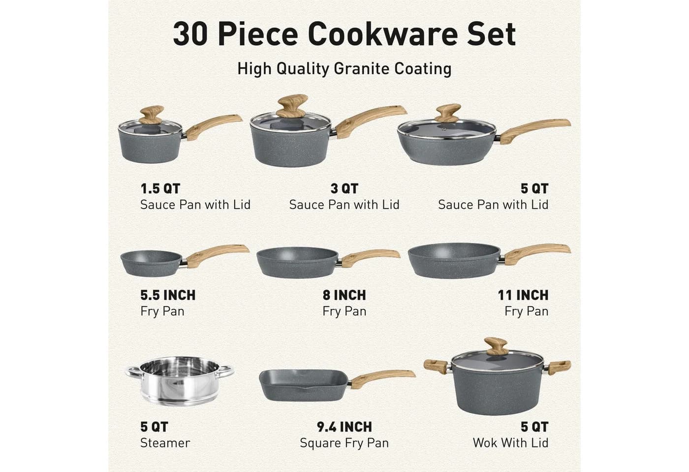 Kitchen Academy Topf-Set 30-tlg. Grau Aluminium Granit