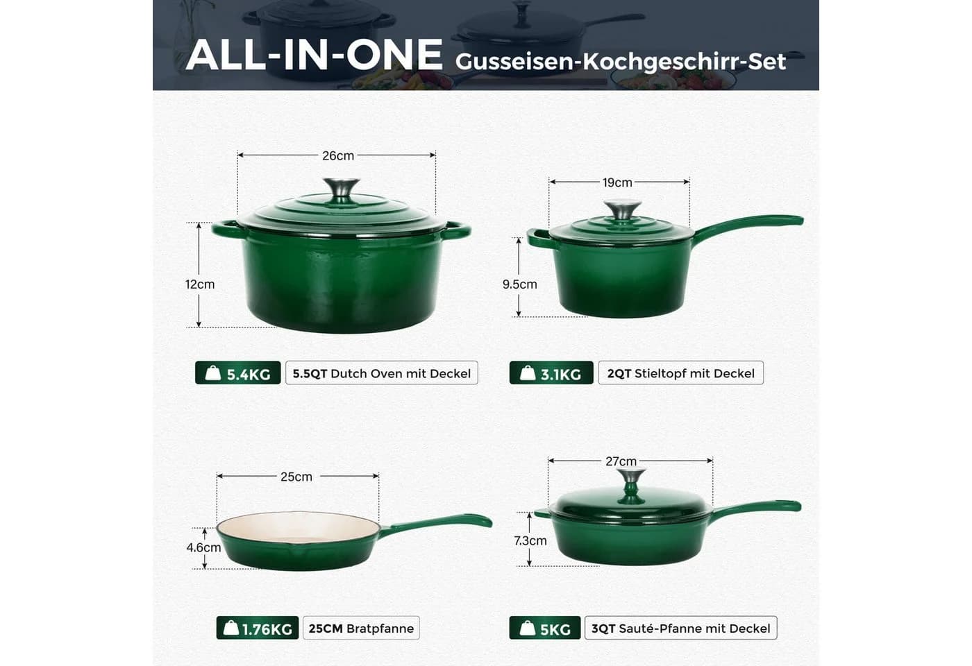 Kitchen Academy 7-teiliges Topf-Set Emailliert Gusseisen Grün