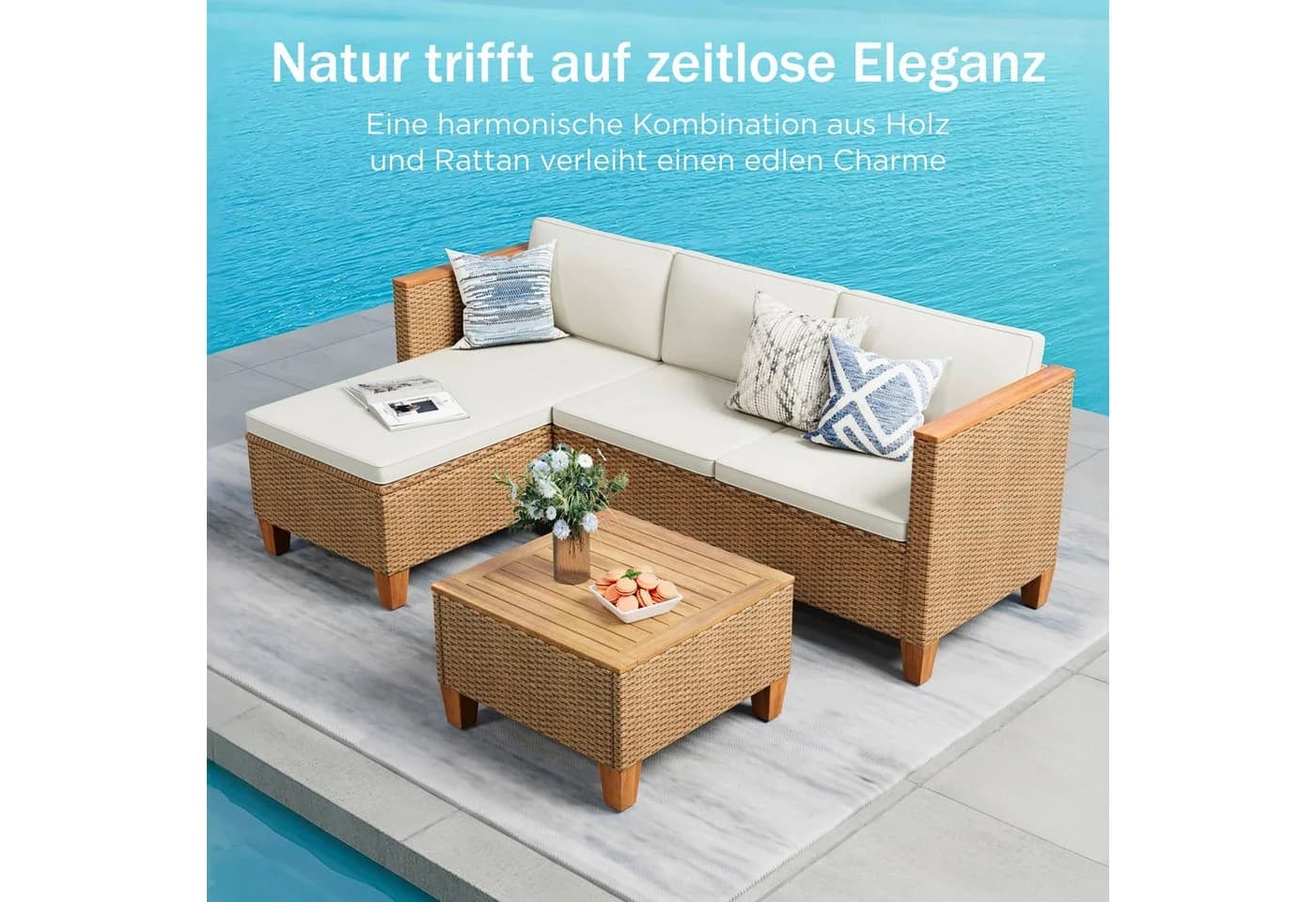 PHI VILLA Gartenlounge-Set 3-teilig Beige Rattan mit Kissen