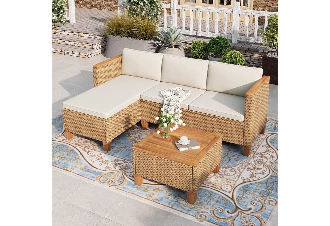 PHI VILLA Gartenlounge-Set 3-teilig Beige Rattan mit Kissen - Bild 2