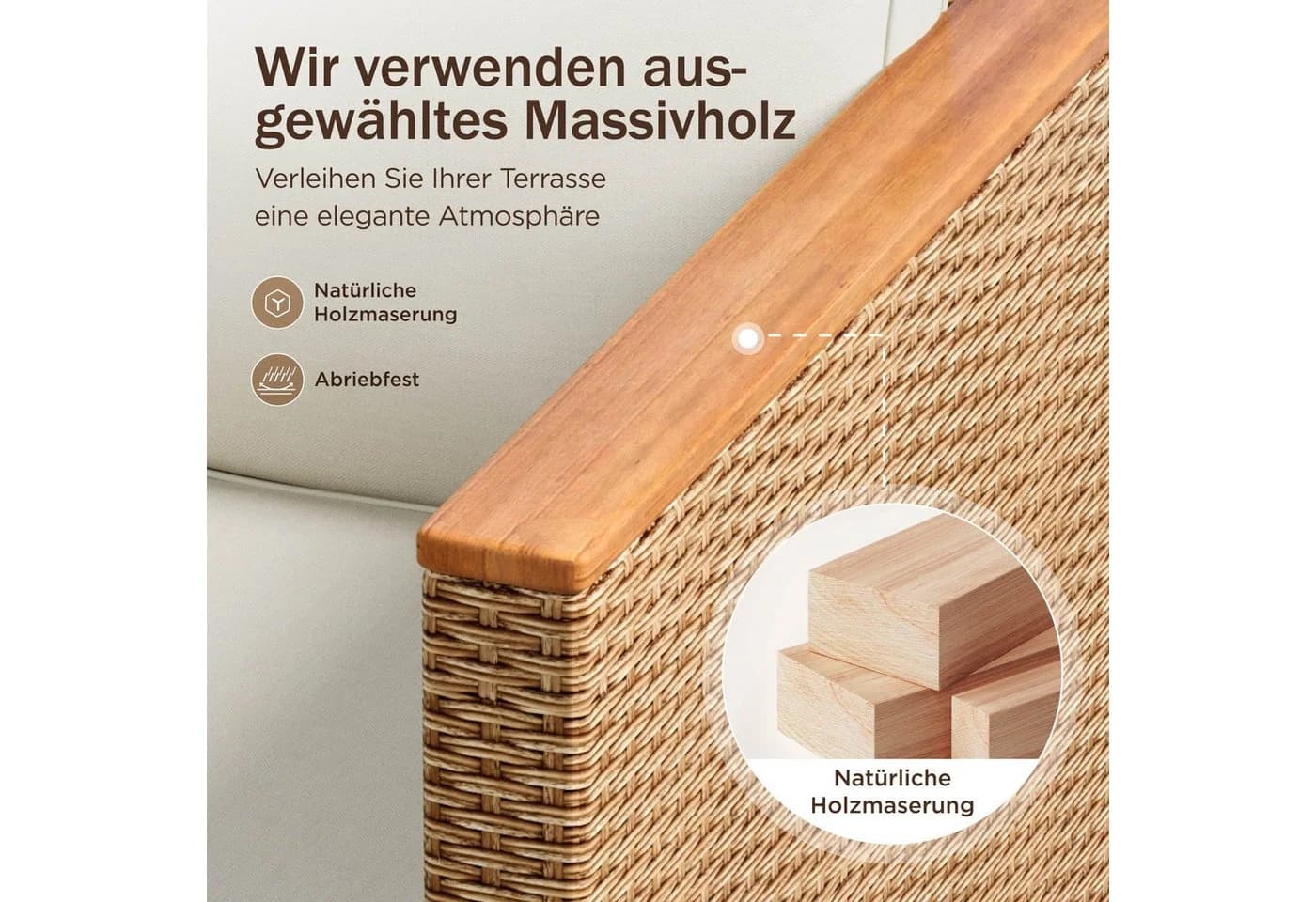PHI VILLA Gartenlounge-Set 3-teilig Beige Rattan mit Kissen - Bild 3