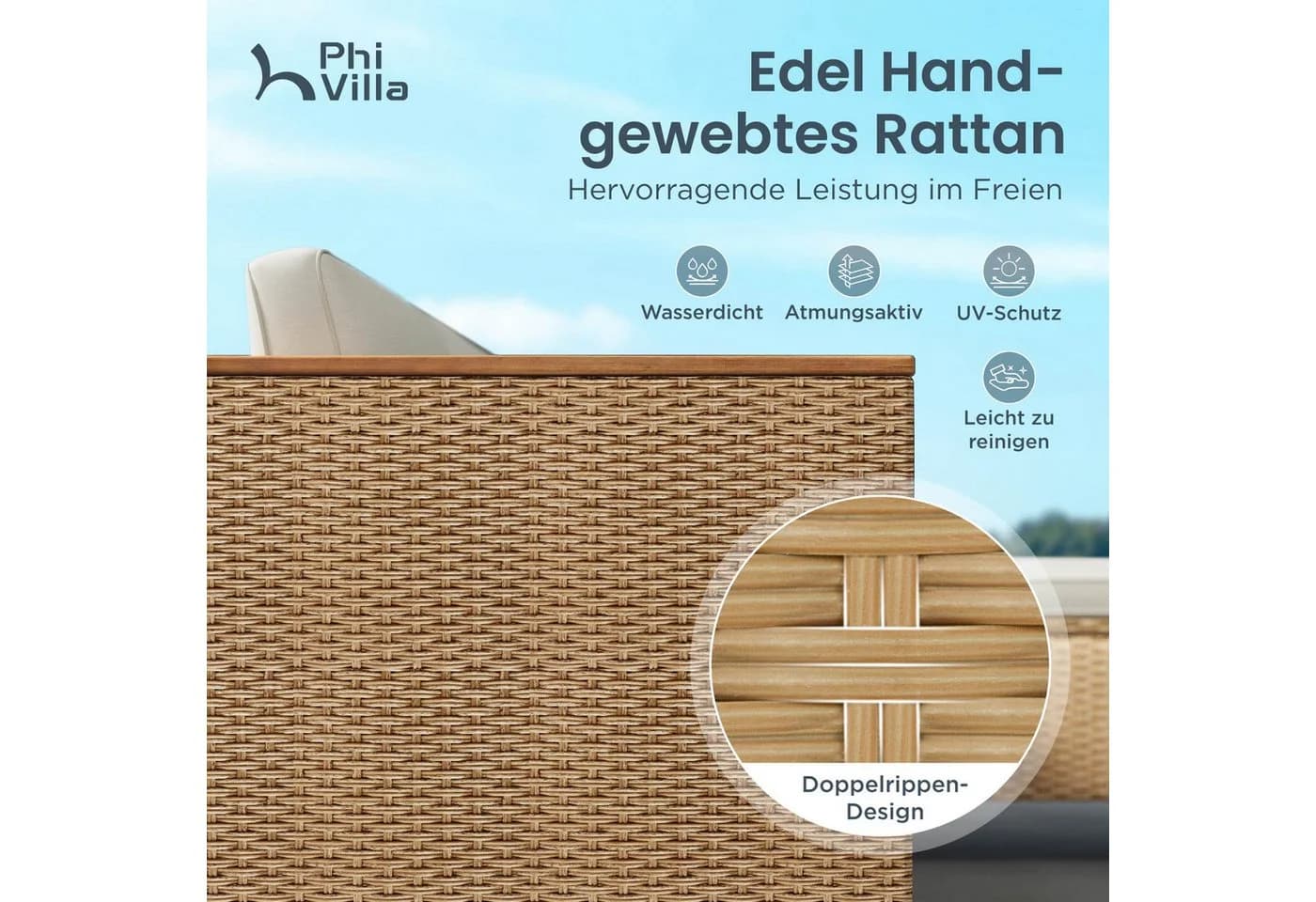 PHI VILLA Gartenlounge-Set 3-teilig Beige Rattan mit Kissen - Bild 5