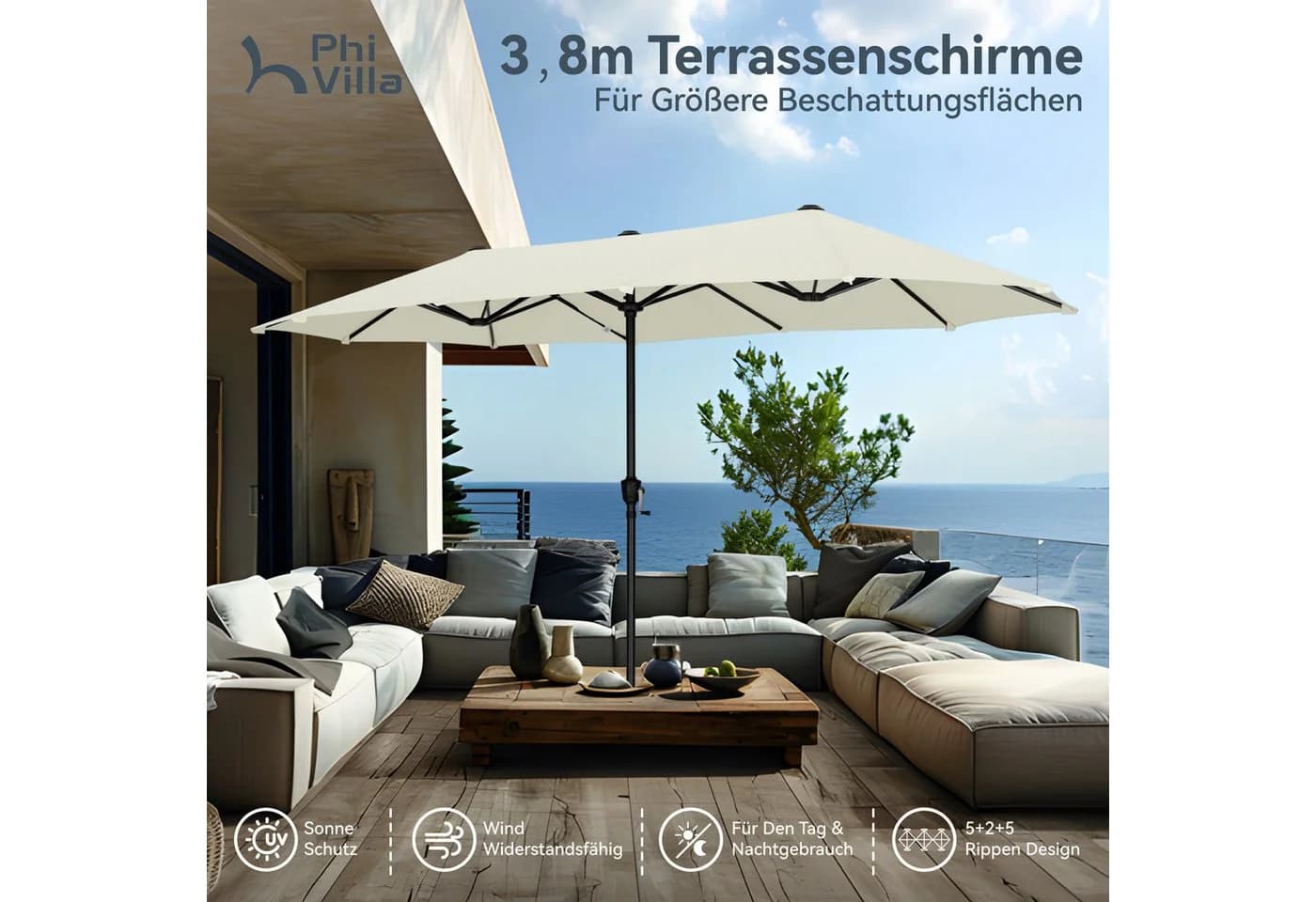 PHI VILLA Balkonschirm 2x3,8m Weiß Kurbel UV-Schutz