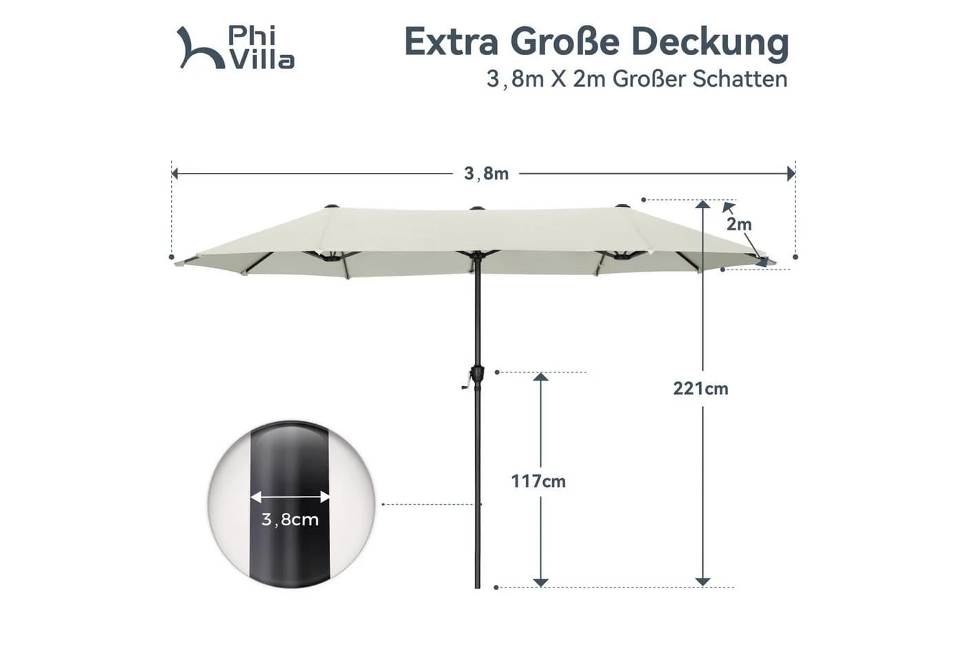 PHI VILLA Balkonschirm 2x3,8m Weiß Kurbel UV-Schutz - Bild 3