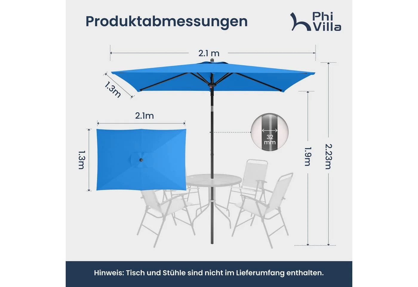 PHI VILLA Balkonschirm Blau mit Klemme UV50+