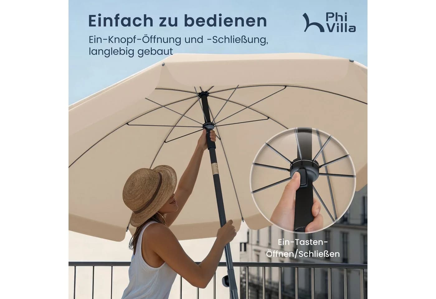 PHI VILLA Sonnenschirm Beige Höhenverstellbar Kippbar mit Klemme - Bild 3