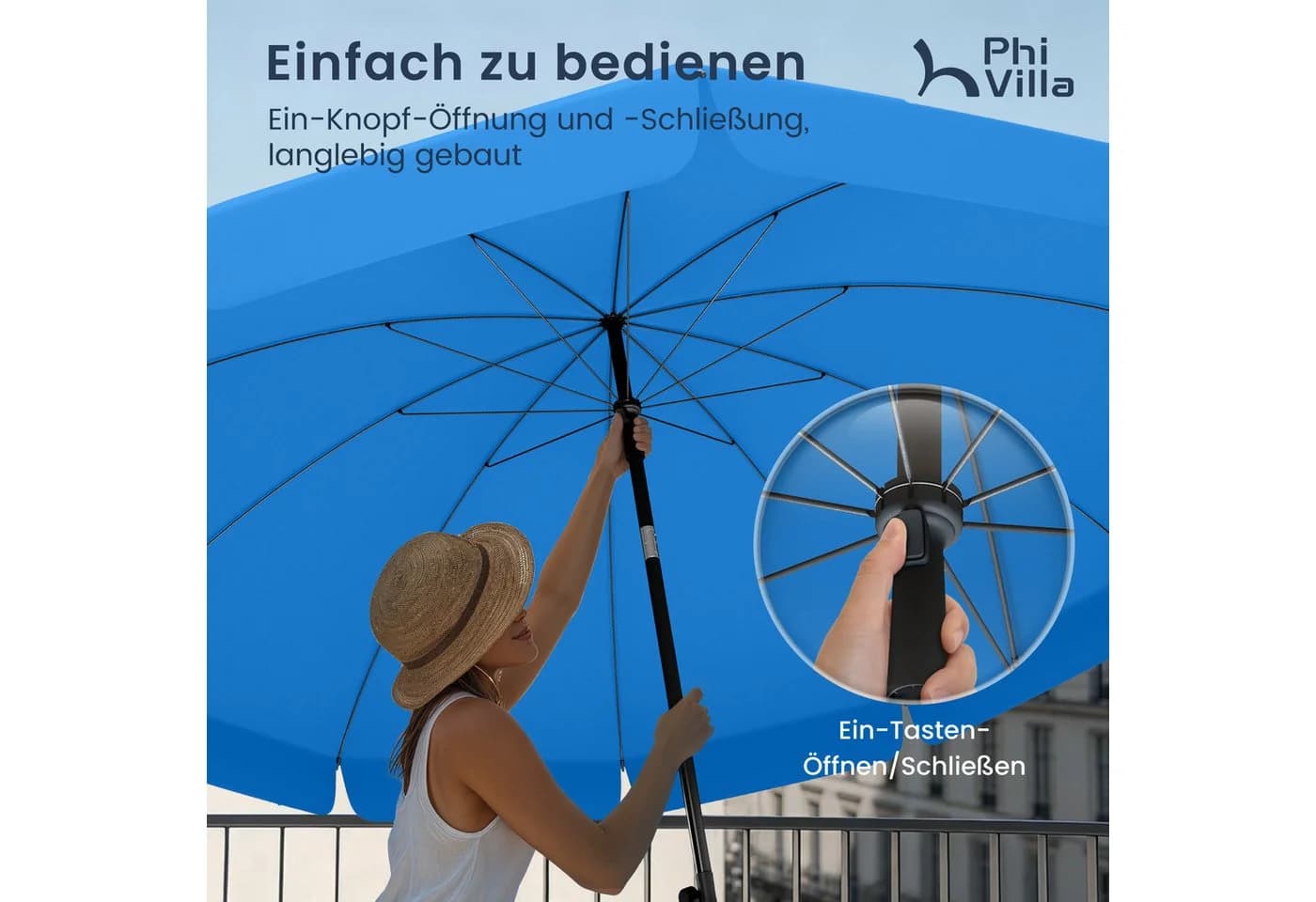 PHI VILLA Sonnenschirm Blau Höhenverstellbar Kippbar mit Klemme