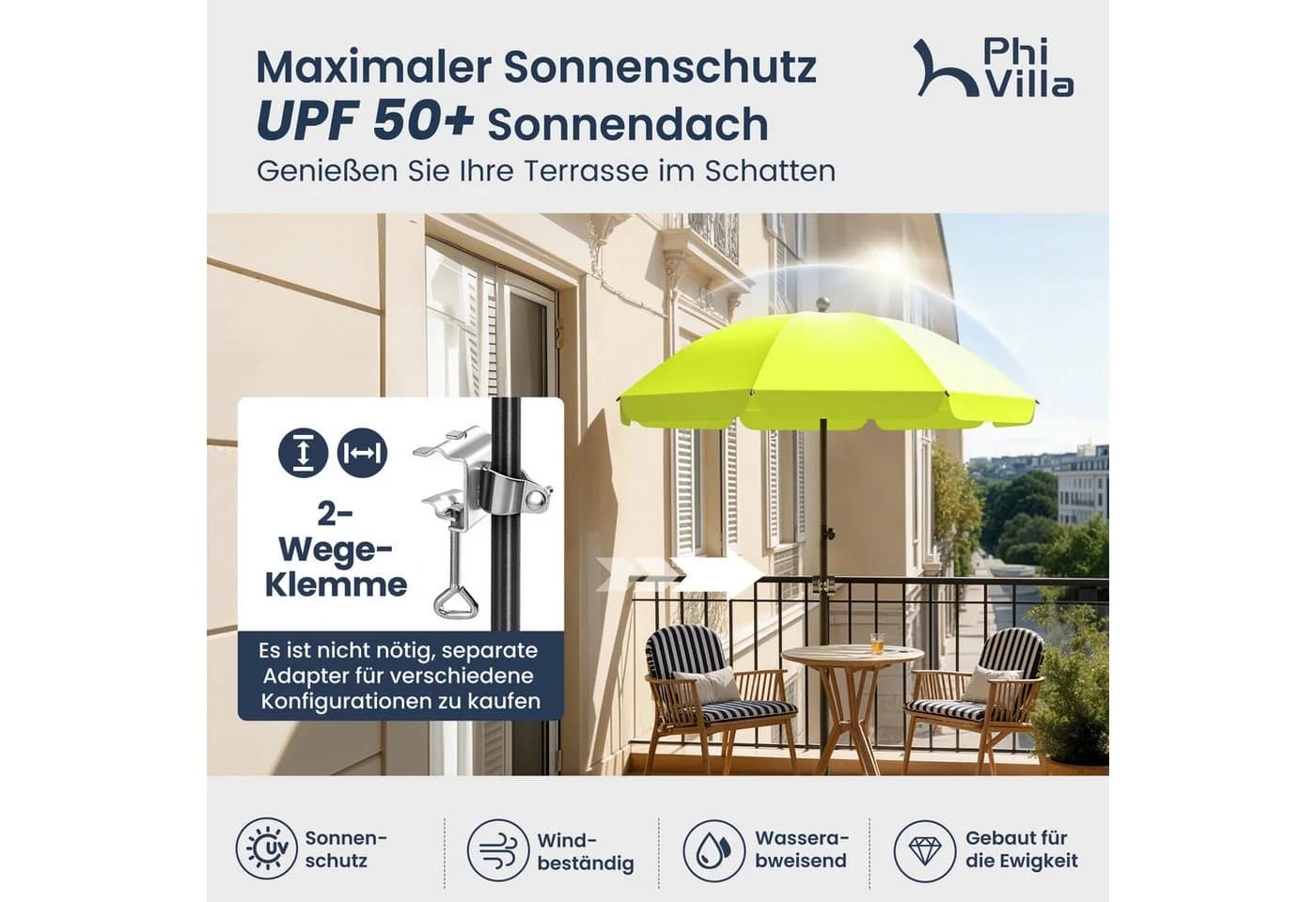 PHI VILLA Sonnenschirm Klemmbar Grün Höhenverstellbar - Bild 4