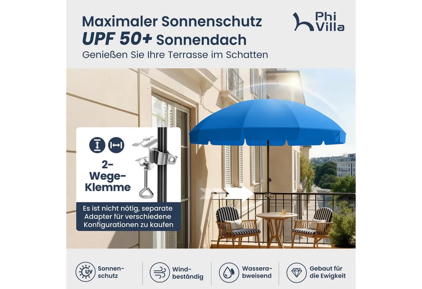 PHI VILLA Balkonschirm Blau Höhenverstellbar Kippbar mit Klemme - Bild 3