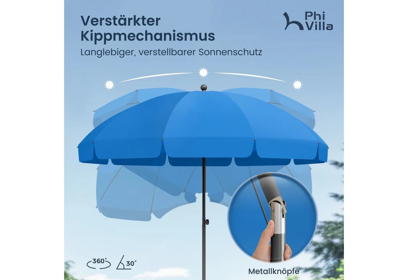 PHI VILLA Balkonschirm Blau Höhenverstellbar Kippbar mit Klemme - Bild 4