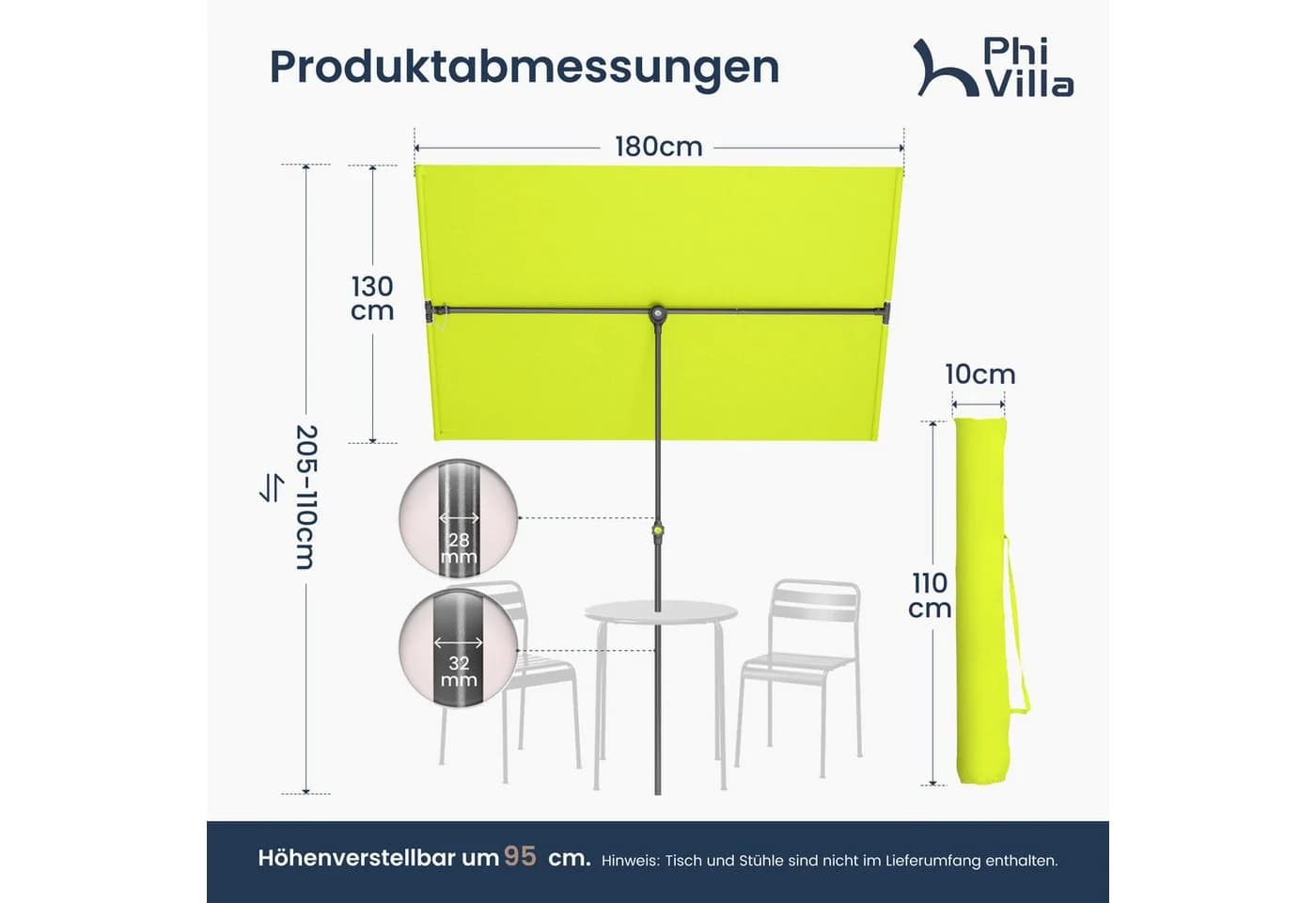 PHI VILLA Balkonschirm Grün 180x130 cm drehbar höhenverstellbar - Bild 3