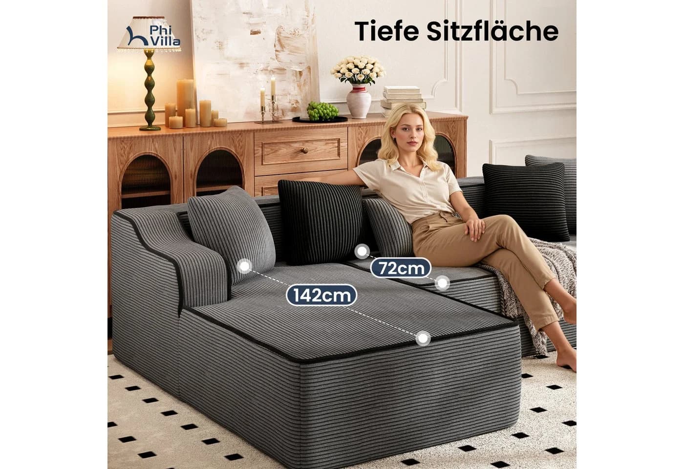 PHI VILLA Ecksofa Boneless Couch Grau Cord Modulares Sofa