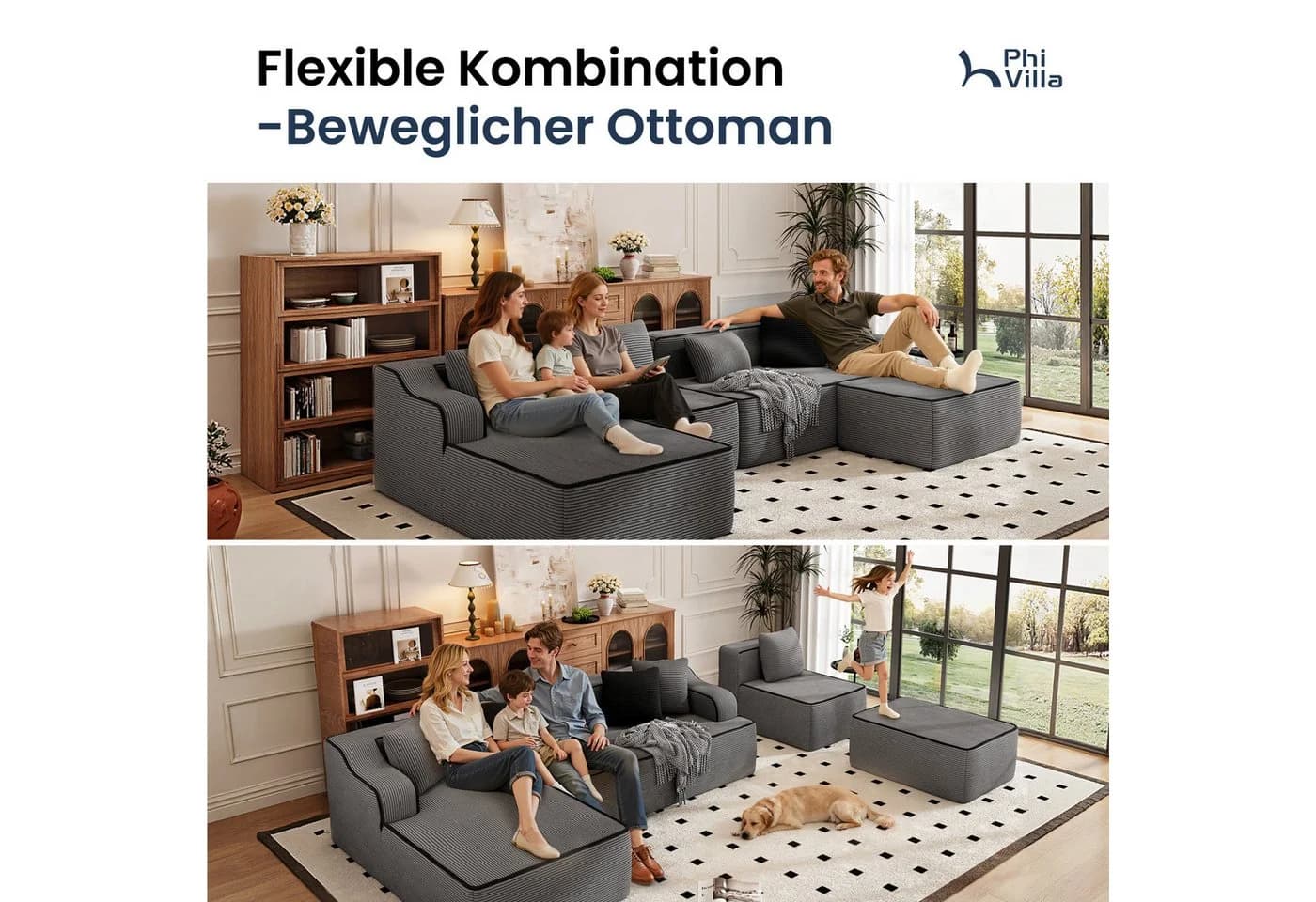 PHI VILLA Ecksofa Boneless Couch Grau Cord Modulares Sofa - Bild 5