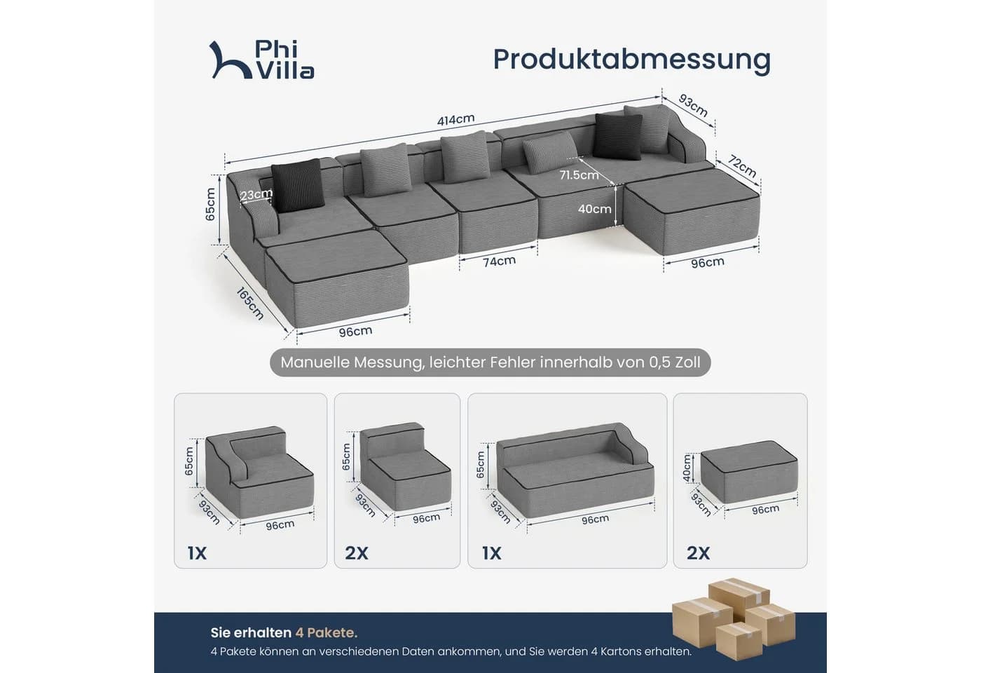 PHI VILLA Ecksofa Boneless Cord Grau 3-7 Sitzer Modulares Sofa