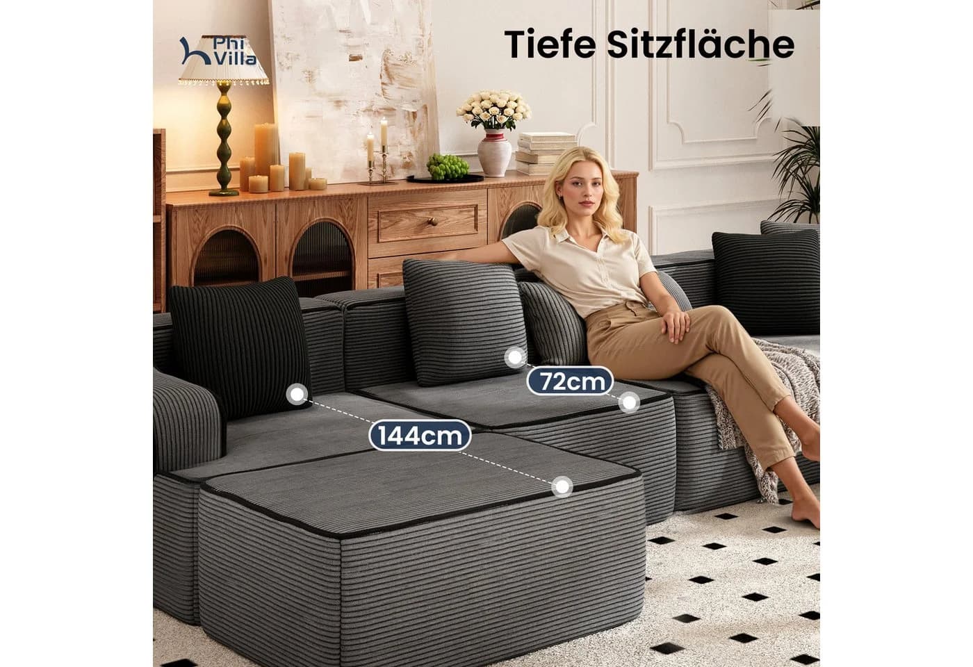 PHI VILLA Ecksofa Boneless Cord Grau 3-7 Sitzer Modulares Sofa - Bild 5