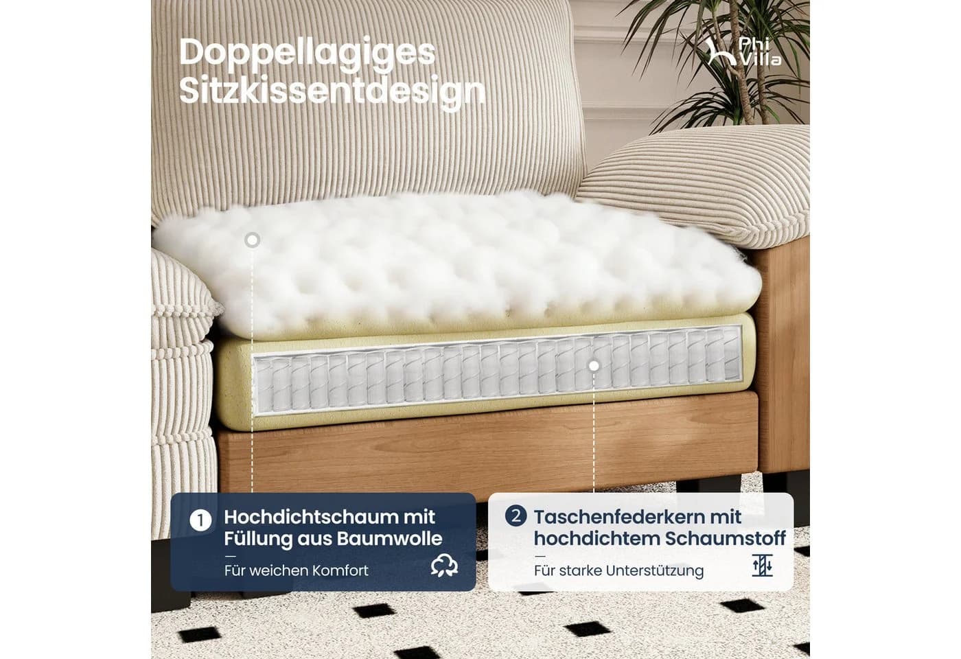 PHI VILLA Ecksofa L-Form 4-6-Sitzer Cord Weiß mit Ottomanen - Bild 3