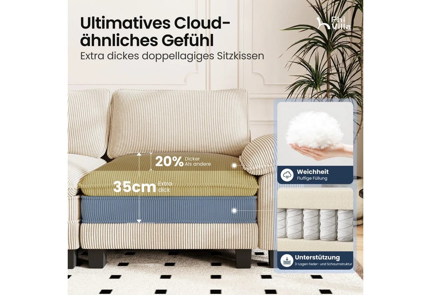 PHI VILLA Ecksofa L-Form 4-6-Sitzer Cord Weiß mit Ottomanen - Bild 4