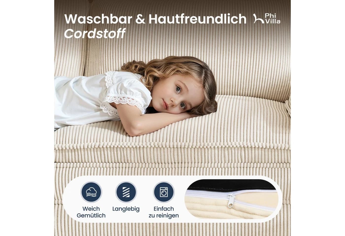 PHI VILLA Ecksofa L-Form 4-6-Sitzer Cord Weiß mit Ottomanen - Bild 5