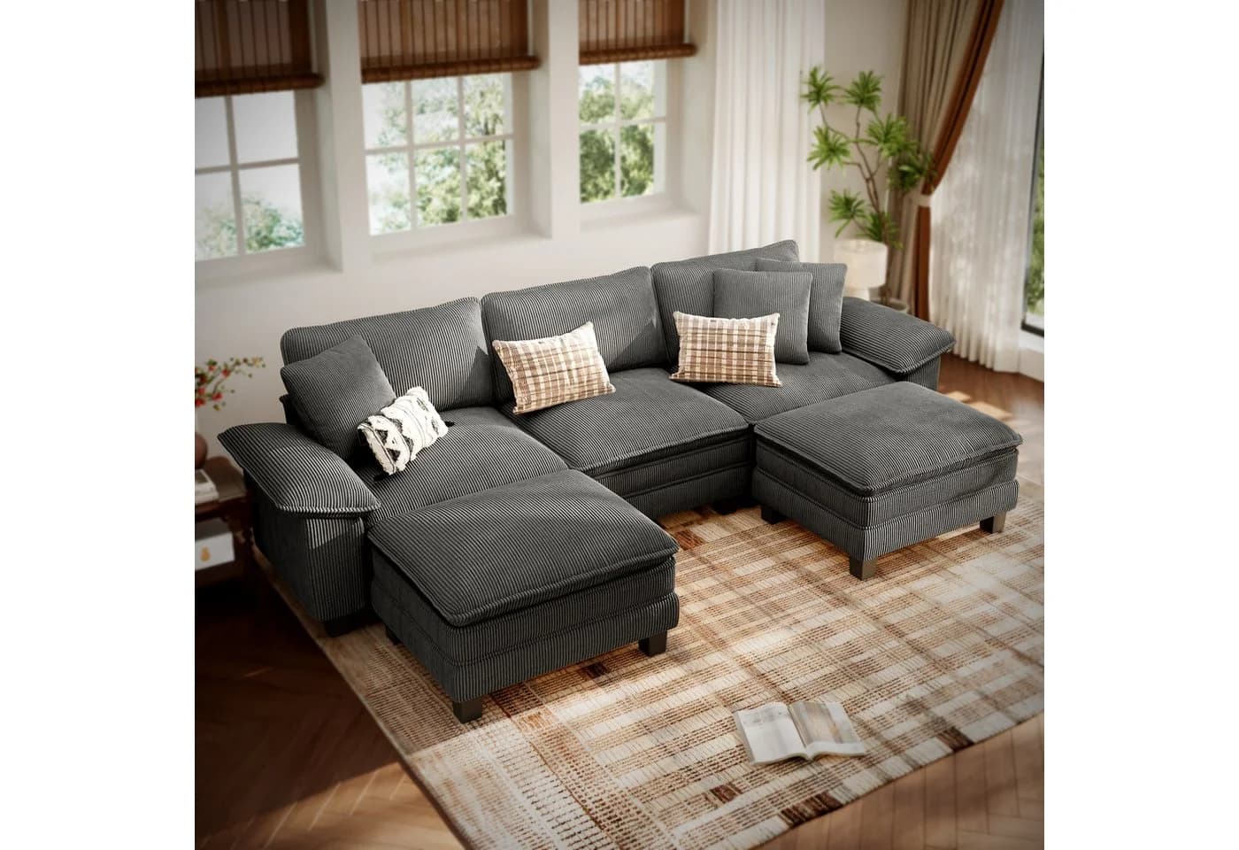 PHI VILLA Ecksofa L-Form Grau Cord mit Ottomanen - Bild 2