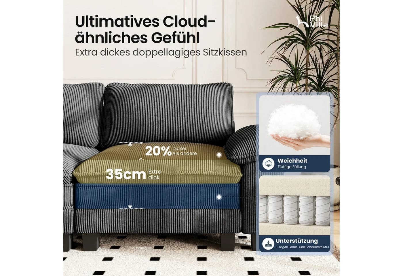 PHI VILLA Ecksofa L-Form Grau Cord mit Ottomanen - Bild 3