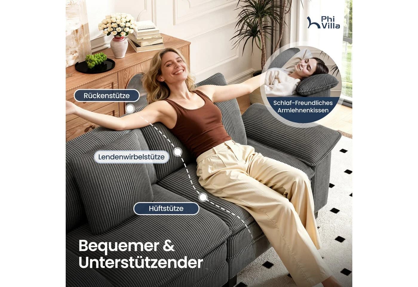PHI VILLA Ecksofa L-Form Grau Cord mit Ottomanen - Bild 4