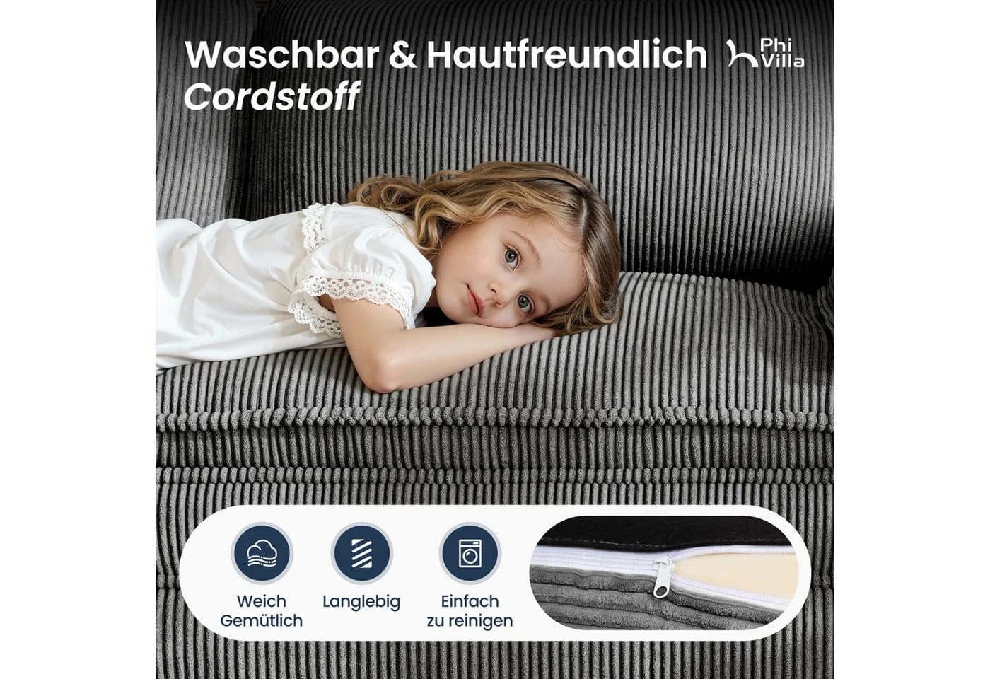 PHI VILLA Ecksofa L-Form Grau Cord mit Ottomanen - Bild 5