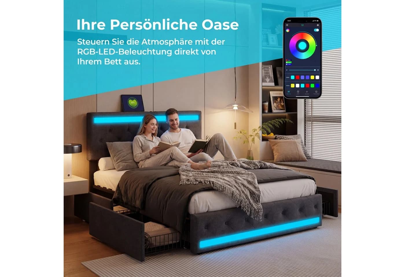zebery Stauraumbett Polsterbett Grau mit LED Licht und USB-Anschluss - Bild 3
