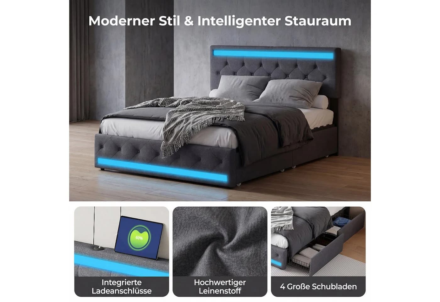 zebery Stauraumbett Polsterbett Grau mit LED Licht und USB-Anschluss - Bild 4