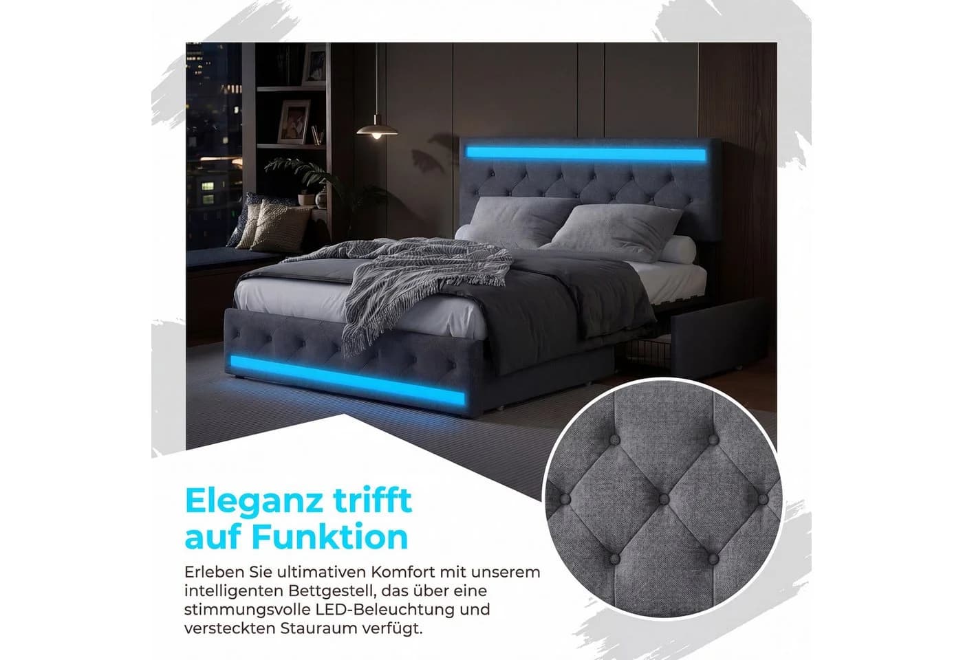 zebery Stauraumbett Polsterbett Grau mit LED Licht und USB-Anschluss - Bild 5
