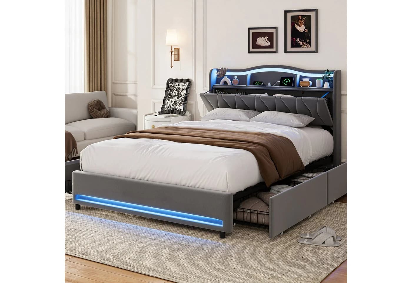 ADWOLT Polsterbett 160x200 Grau Samt mit Schubladen und LED - Bild 2