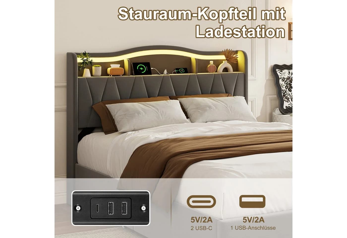 ADWOLT Polsterbett 160x200 Grau Samt mit Schubladen und LED - Bild 3