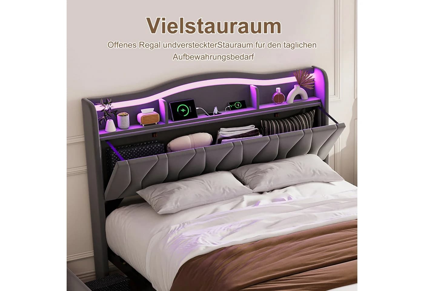 ADWOLT Polsterbett 160x200 Grau Samt mit Schubladen und LED - Bild 5