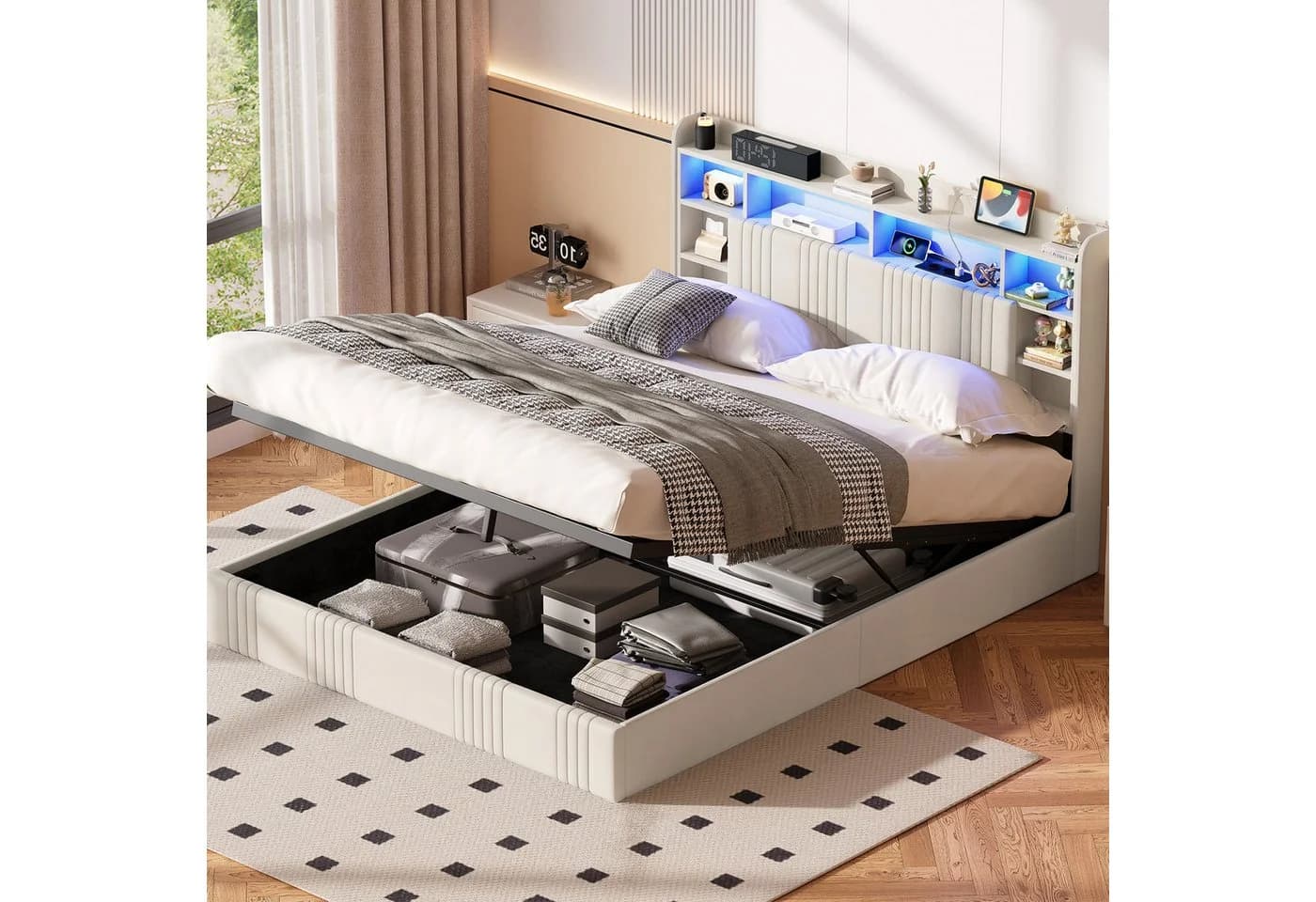 ADWOLT Polsterbett mit Stauraum, LED & USB Beige - Bild 2