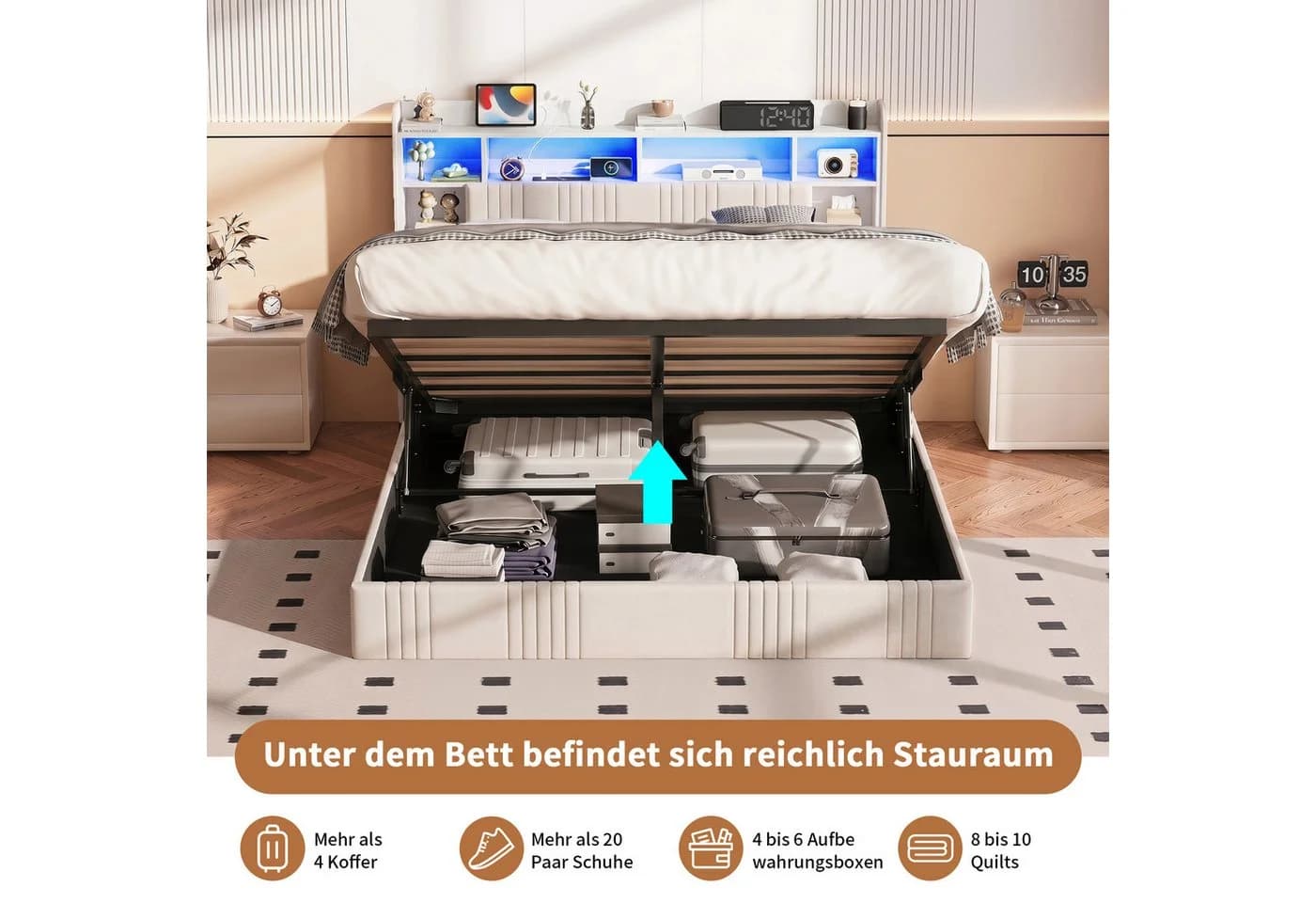 ADWOLT Polsterbett mit Stauraum, LED & USB Beige - Bild 4
