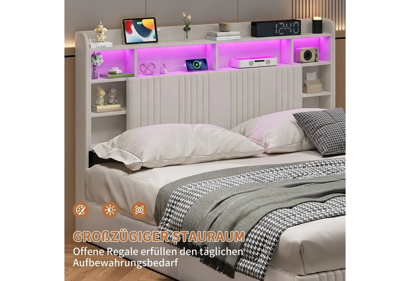 ADWOLT Polsterbett mit Stauraum, LED & USB Beige - Bild 5