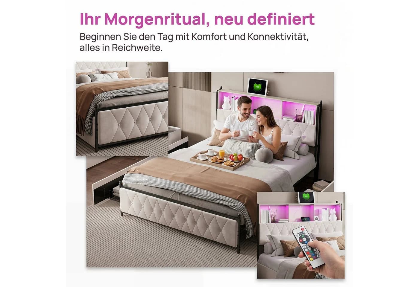 zebery Stauraumbett Polsterbett 180x200 cm Beige mit Schubladen LED USB
