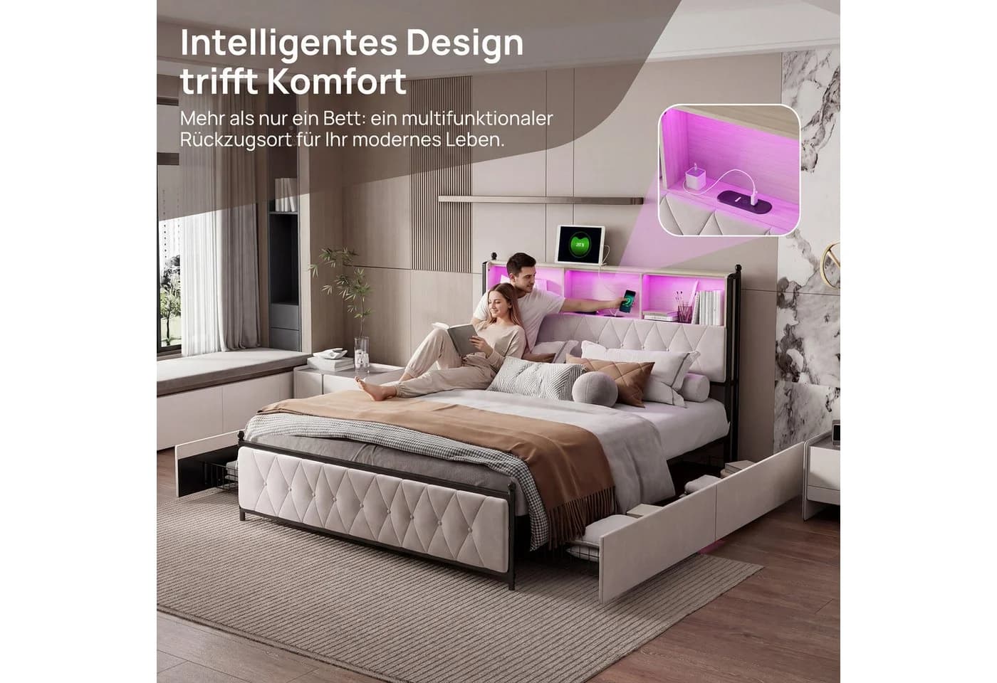 zebery Stauraumbett Polsterbett 180x200 cm Beige mit Schubladen LED USB - Bild 3