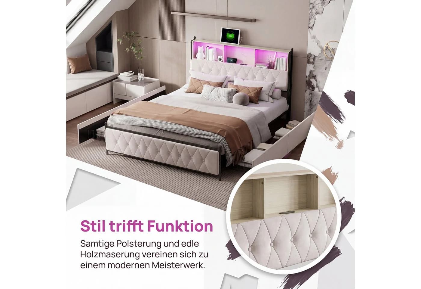 zebery Stauraumbett Polsterbett 180x200 cm Beige mit Schubladen LED USB - Bild 5